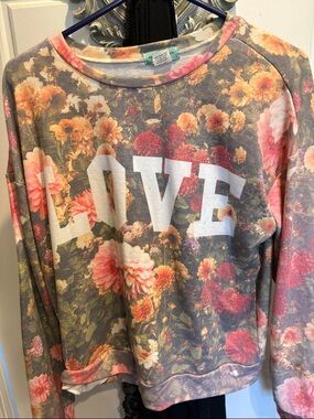 Floral 'LOVE' front “HATE” back Pullover Sweatshirt - Pink, Coral, Green